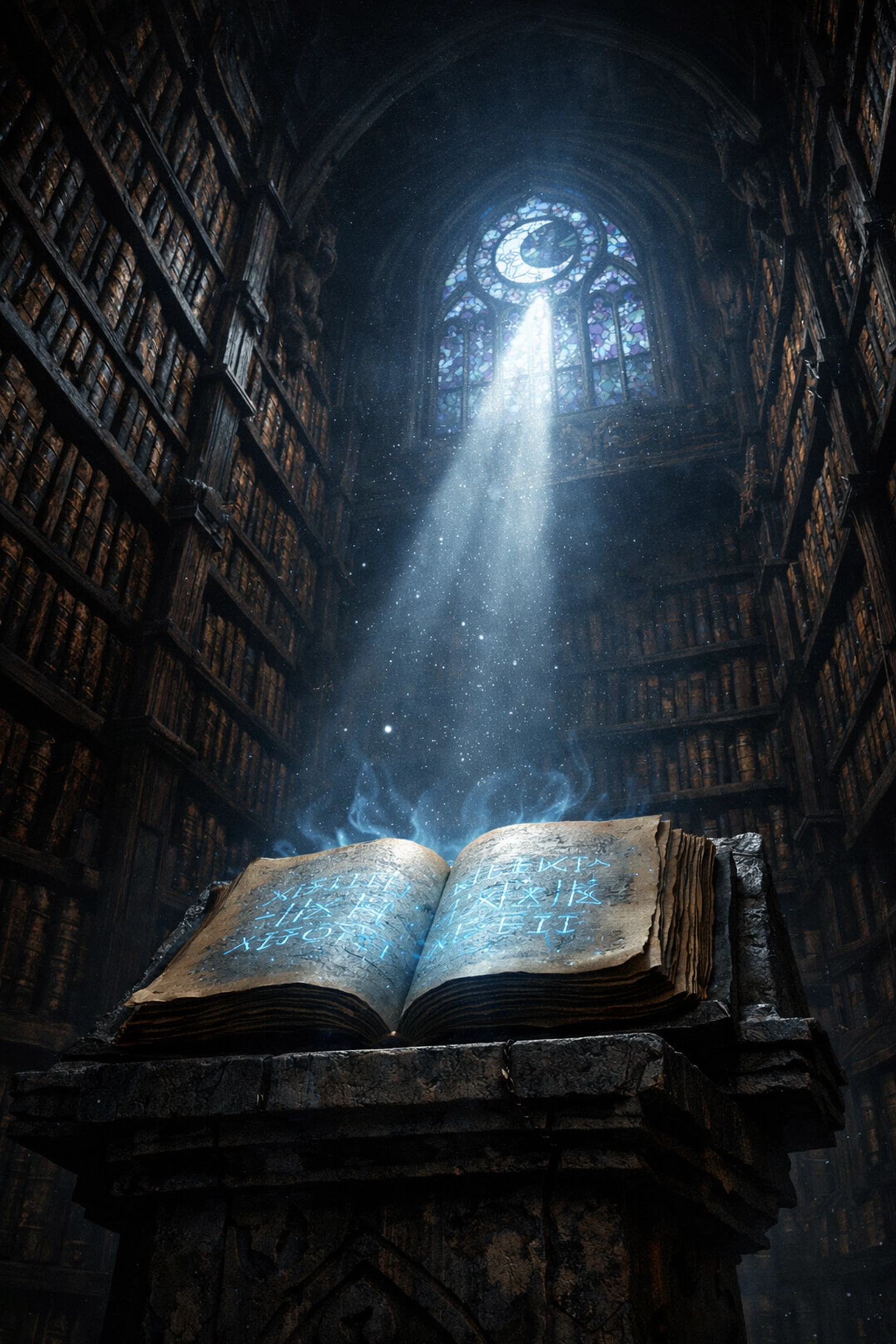 A shadowy occult library filled with ancient grimoires representing long-form paranormal romance series.