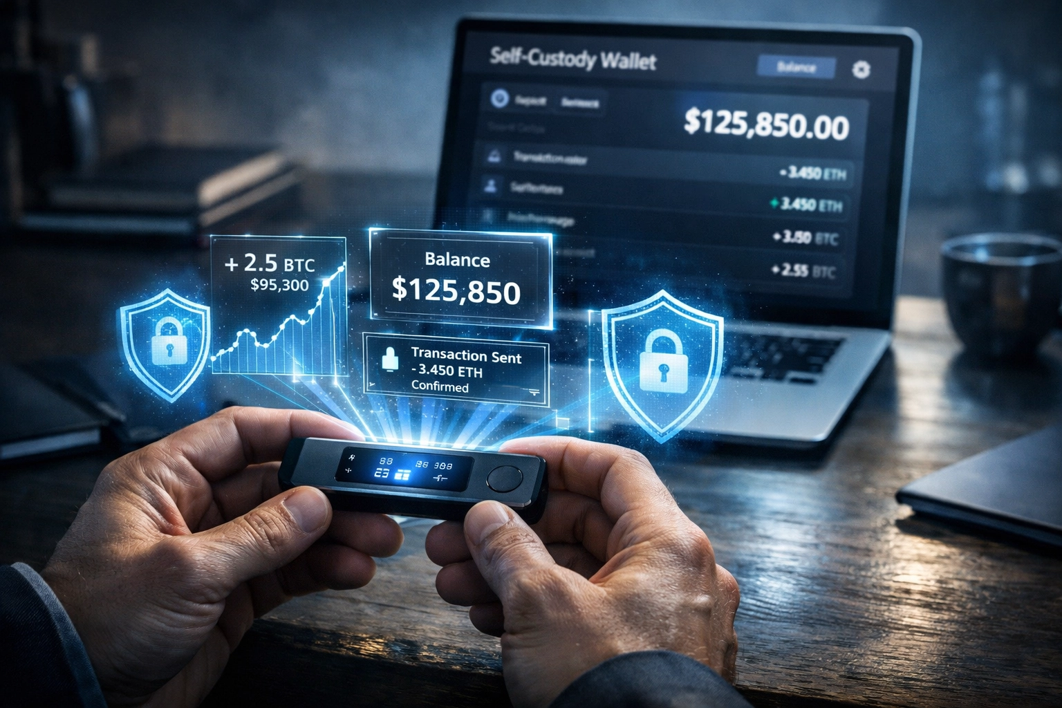 Merchant using self-custody hardware wallet for Web3 payment control and security