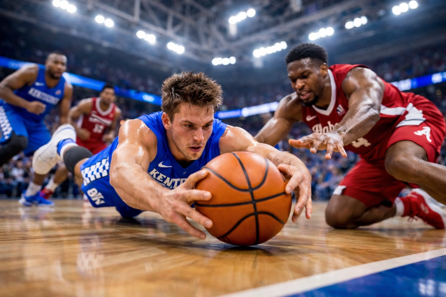 SEC basketball players diving for a loose ball in a high-intensity 2026 Kentucky vs Alabama game.