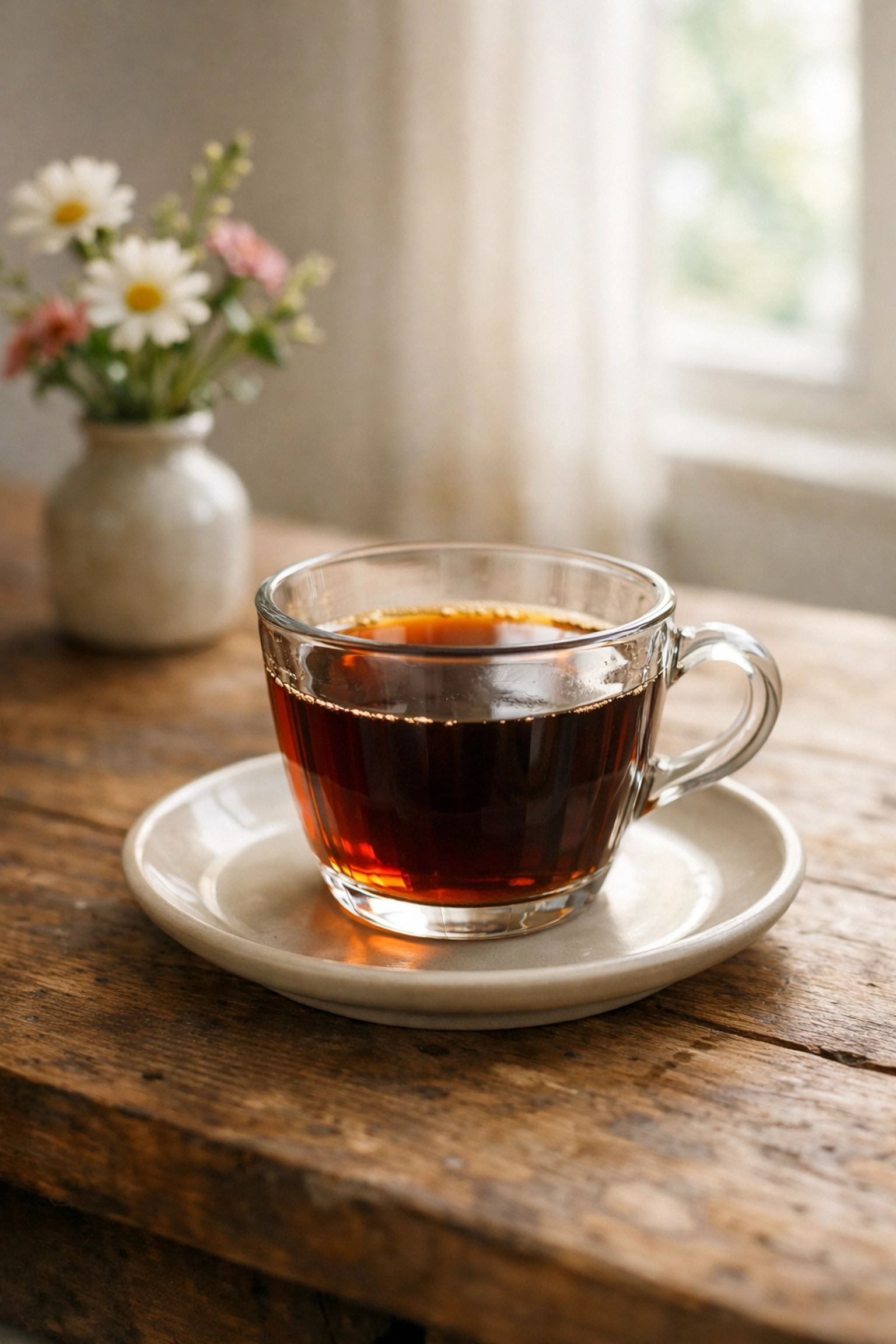 Finished pour-over coffee in glass cup on wooden table