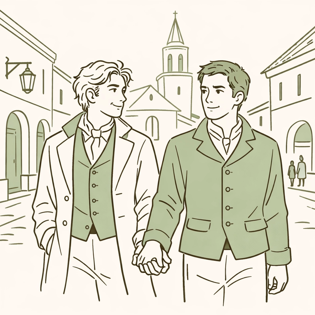 MM couple hand-in-hand on historic European street - gay historical romance vulnerability