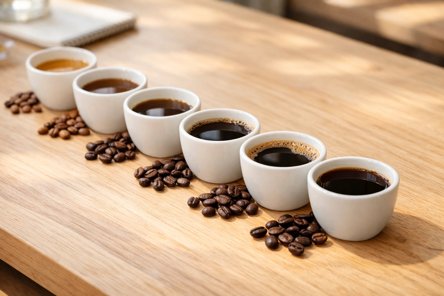 Coffee cupping samples in tasting cups comparing single origin and espresso blends