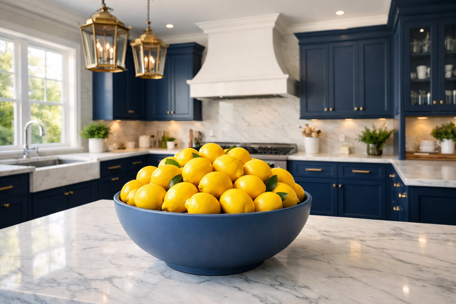 Luxury kitchen interior with fresh lemons on a marble island representing non-toxic, eco-friendly cleaning.