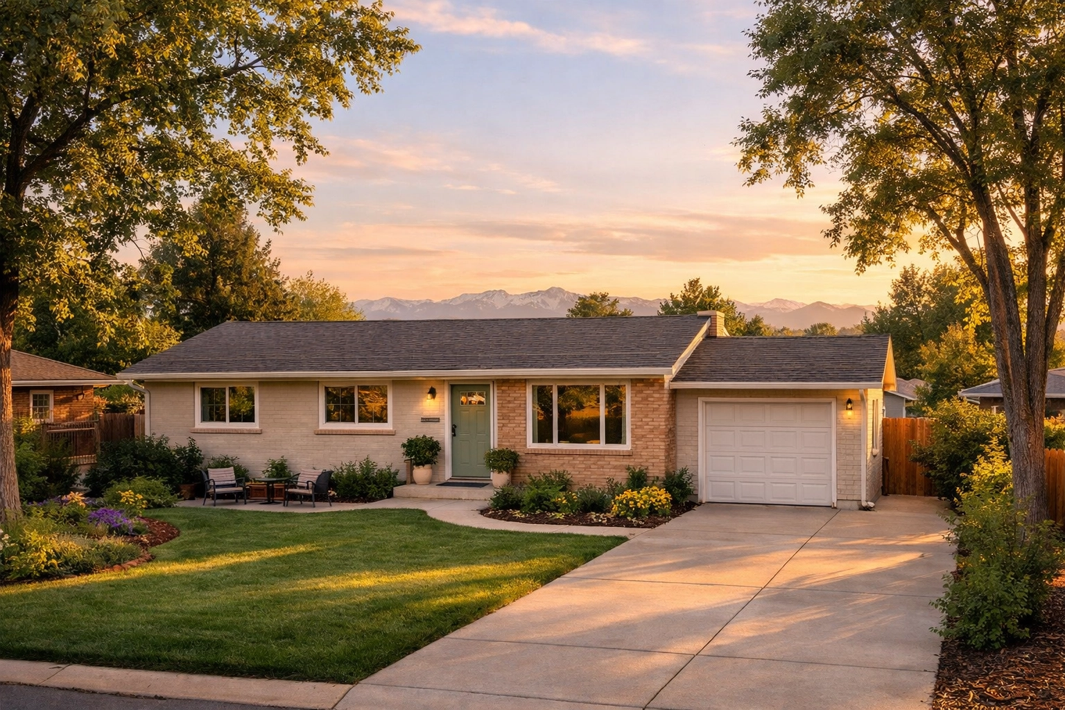 Affordable mid-century ranch home in Denver neighborhood with mature trees and mountain views