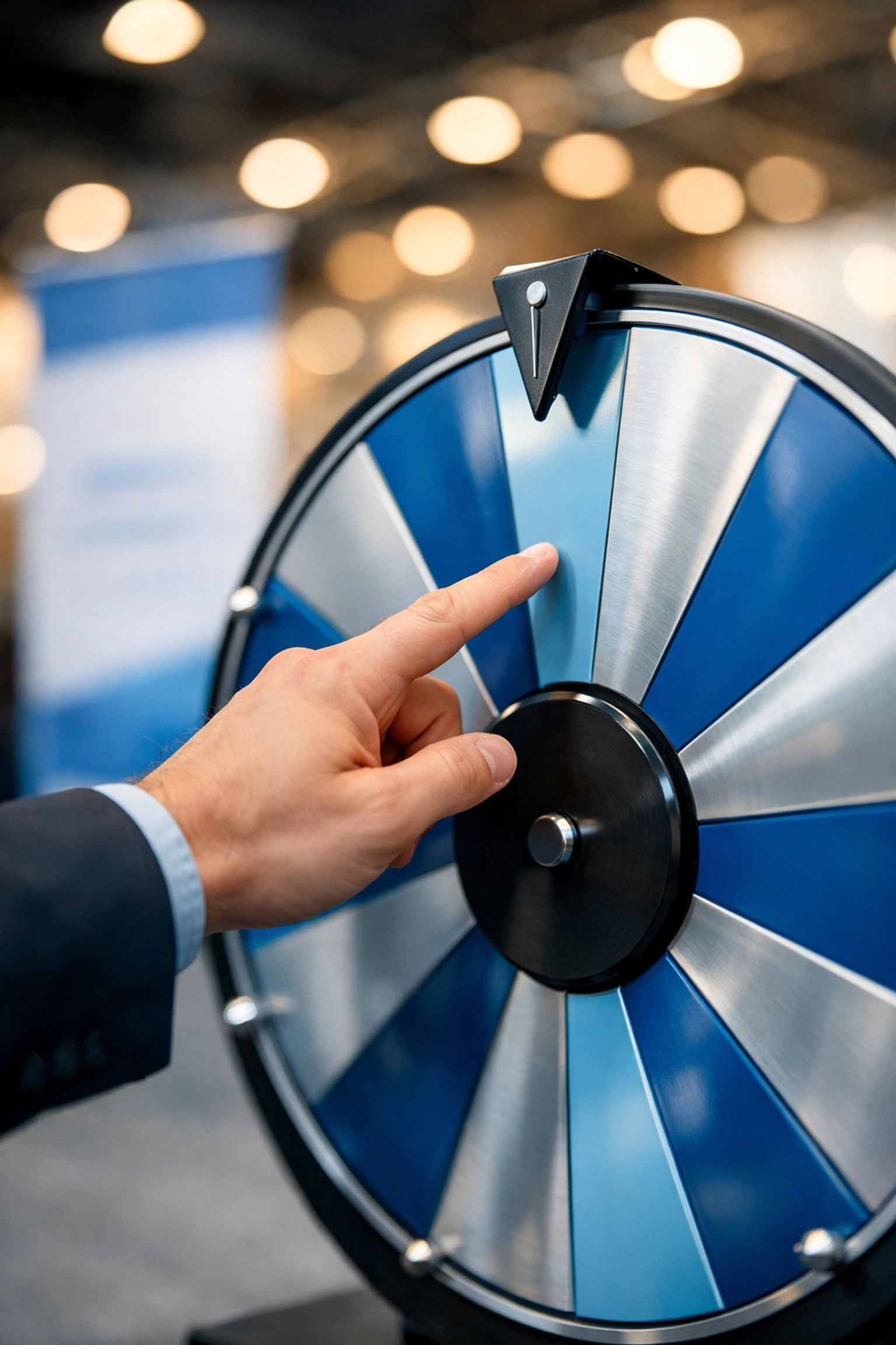 A visitor spinning a prize wheel to win promotional products at an engaging trade show booth.