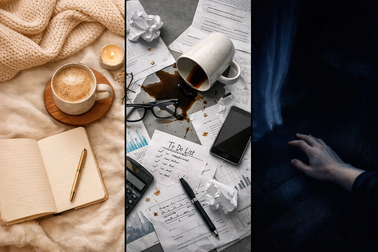 Three scenes showing calm, stressed, and shutdown states of nervous system regulation