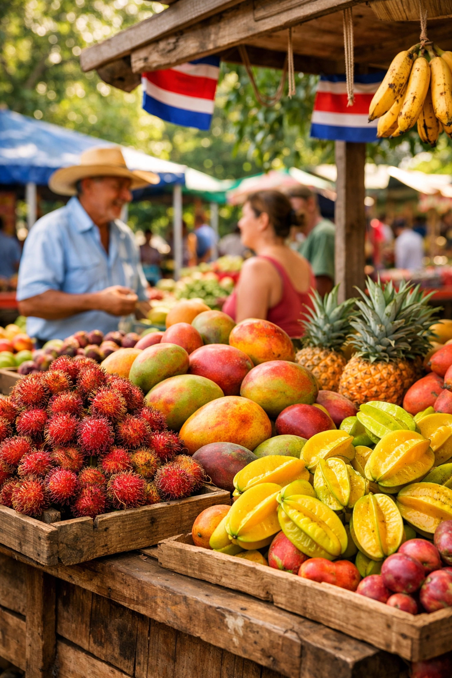 Vibrant Costa Rican farmers market featuring organic tropical fruits highlighting local sustainable agriculture.