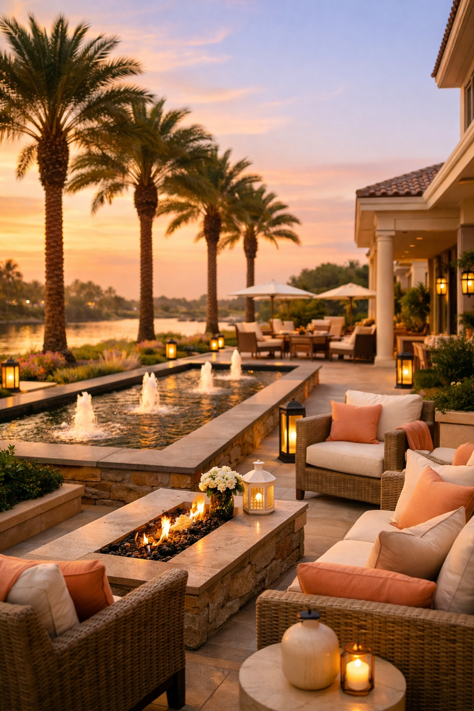 Upscale outdoor terrace with palm trees at a modern assisted living Sarasota facility.