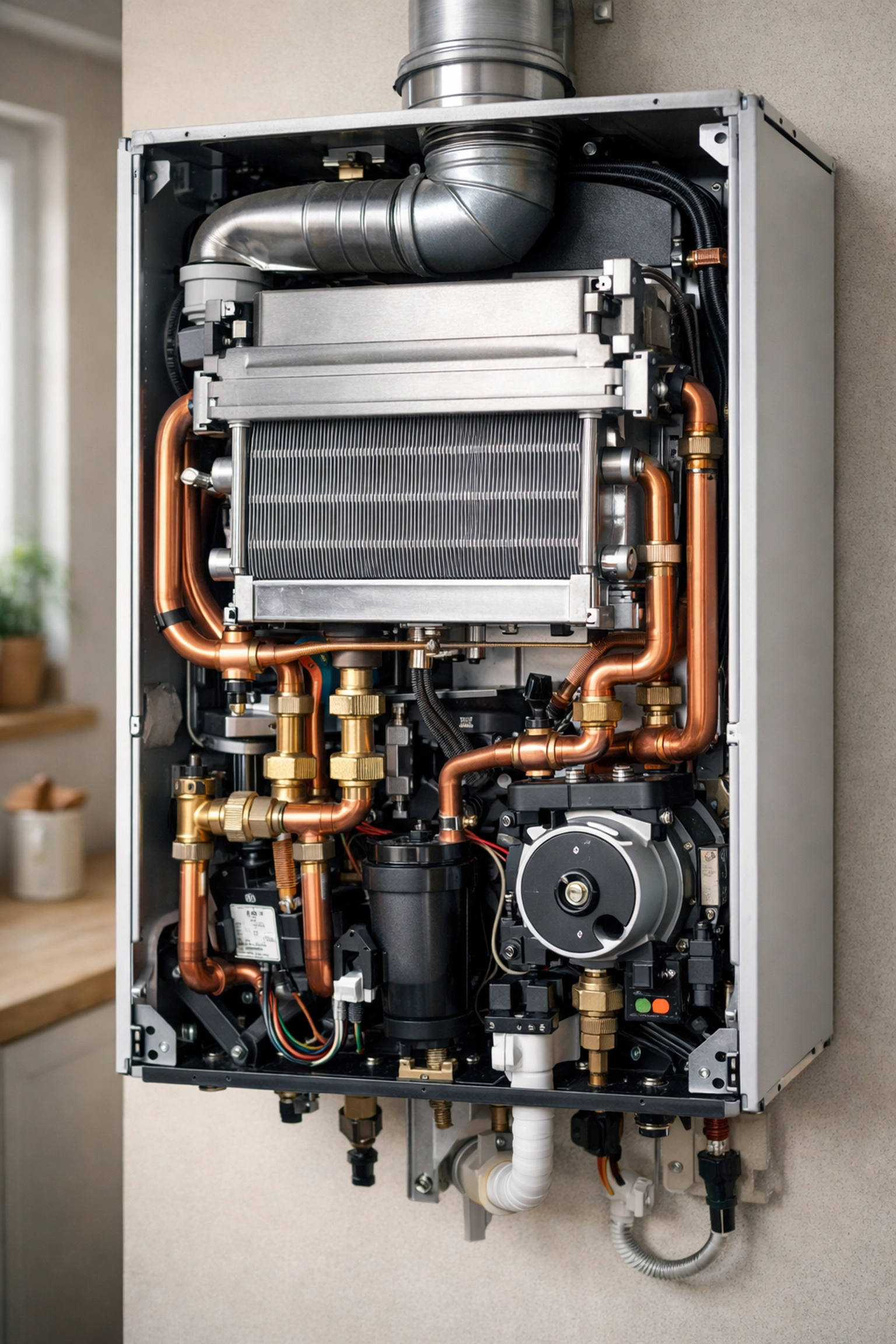 Close-up of clean internal components during professional boiler maintenance in a Northamptonshire home.