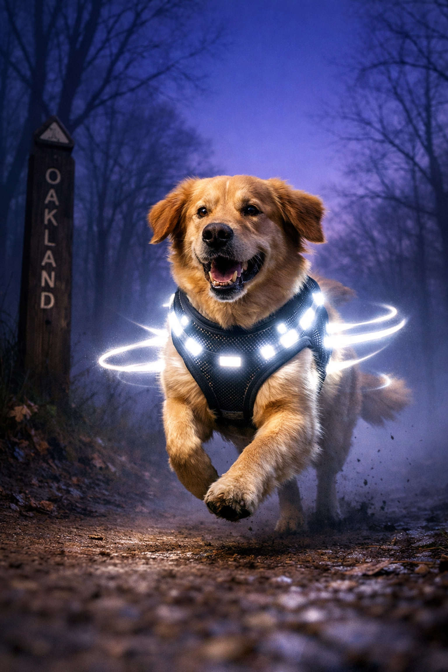 Dog wearing LED harness running on Oakland County trail at dusk with bright visibility