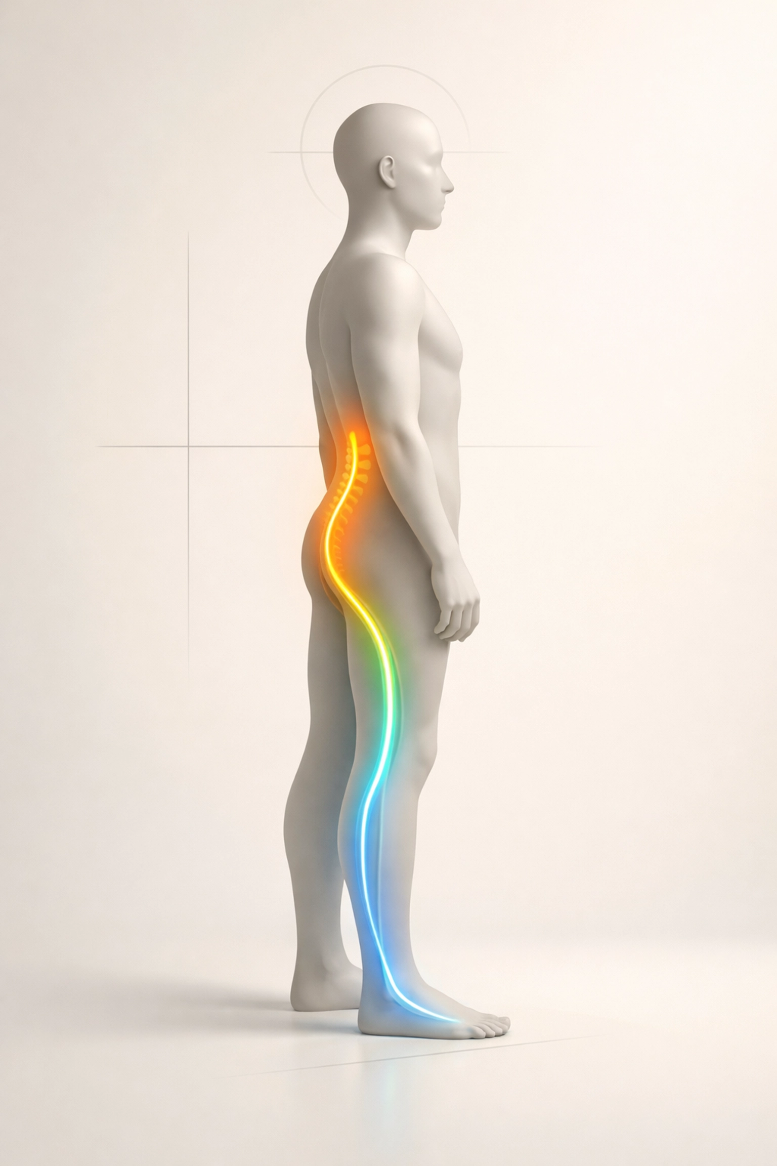Sciatic nerve pathway showing pain centralization from leg back to lower back during recovery