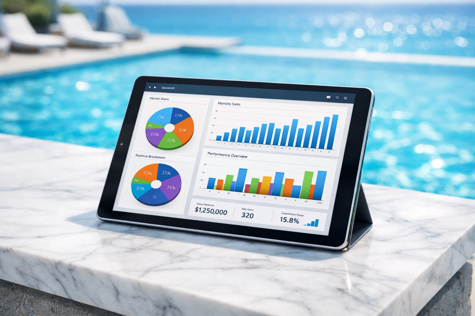 Digital dashboard on a tablet showing pool route data to increase business valuation.