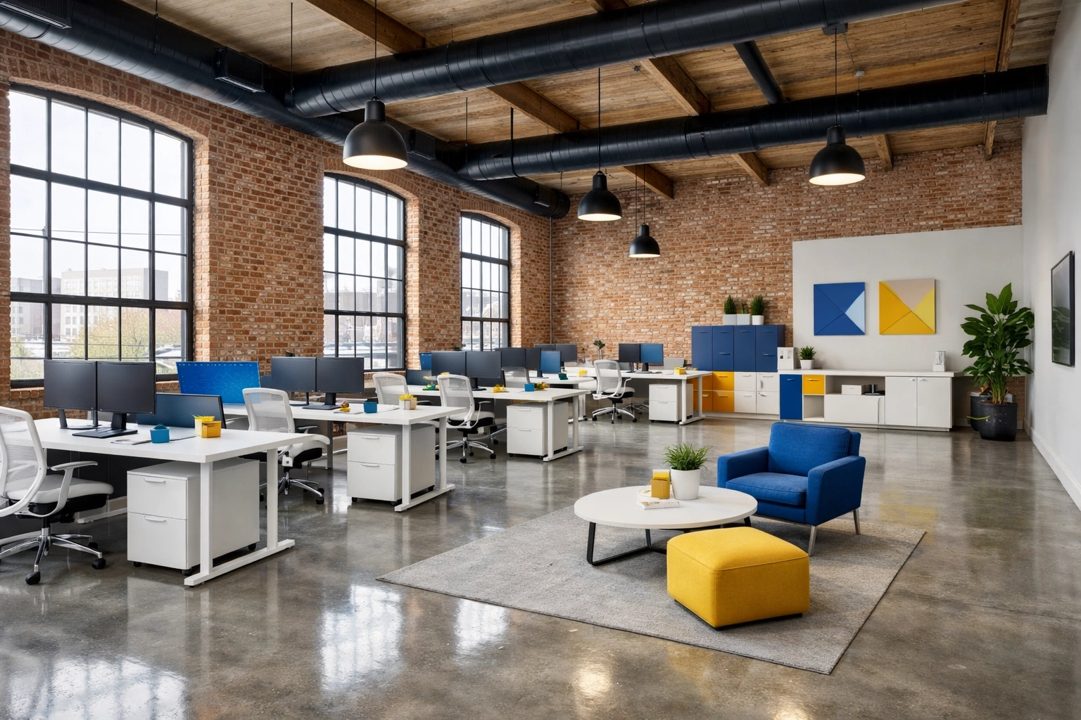 Clean, modern Somerville office interior featuring sanitized desks for a healthy workplace.