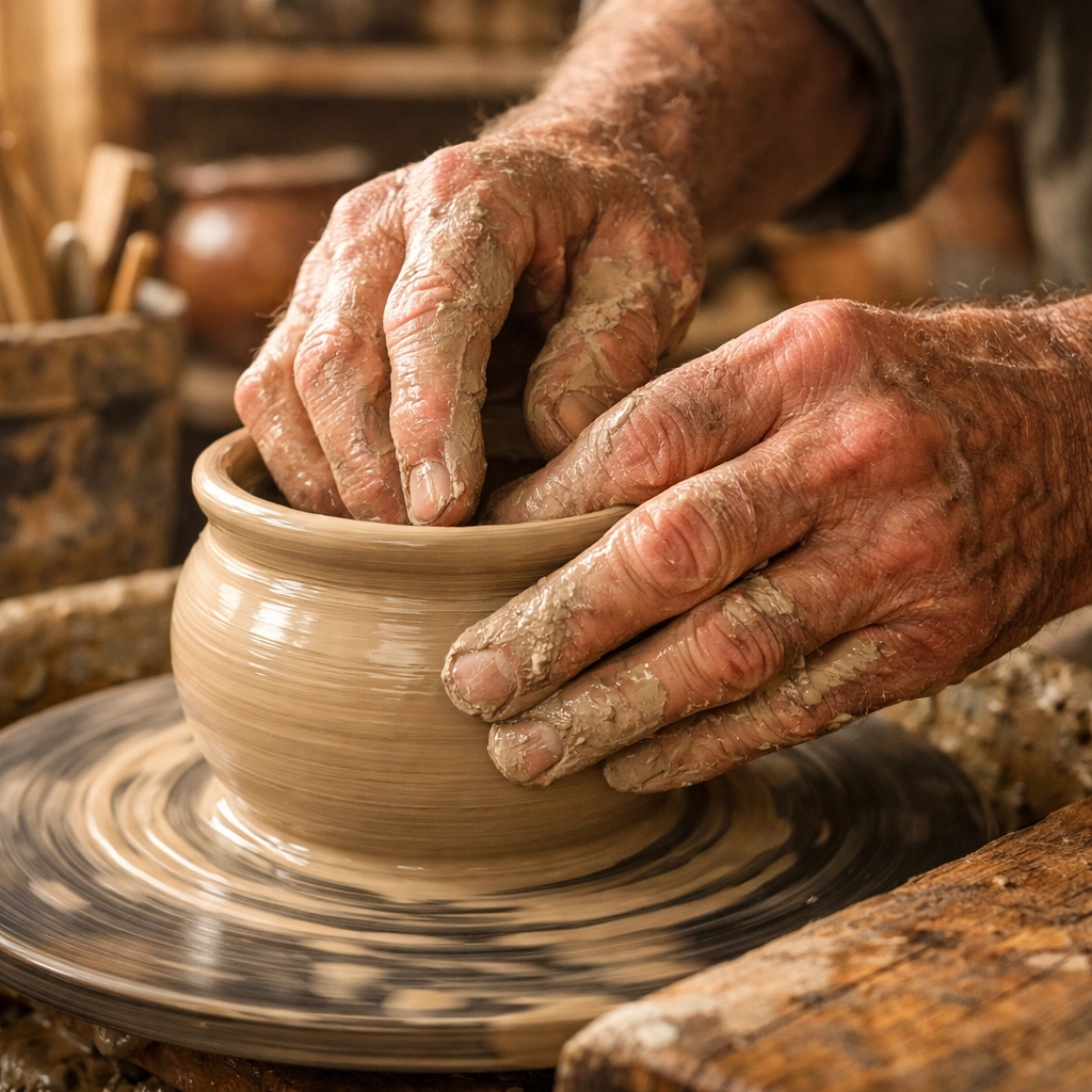Artisan hands molding handmade clay pottery on a wheel, showcasing the modern craft renaissance movement.