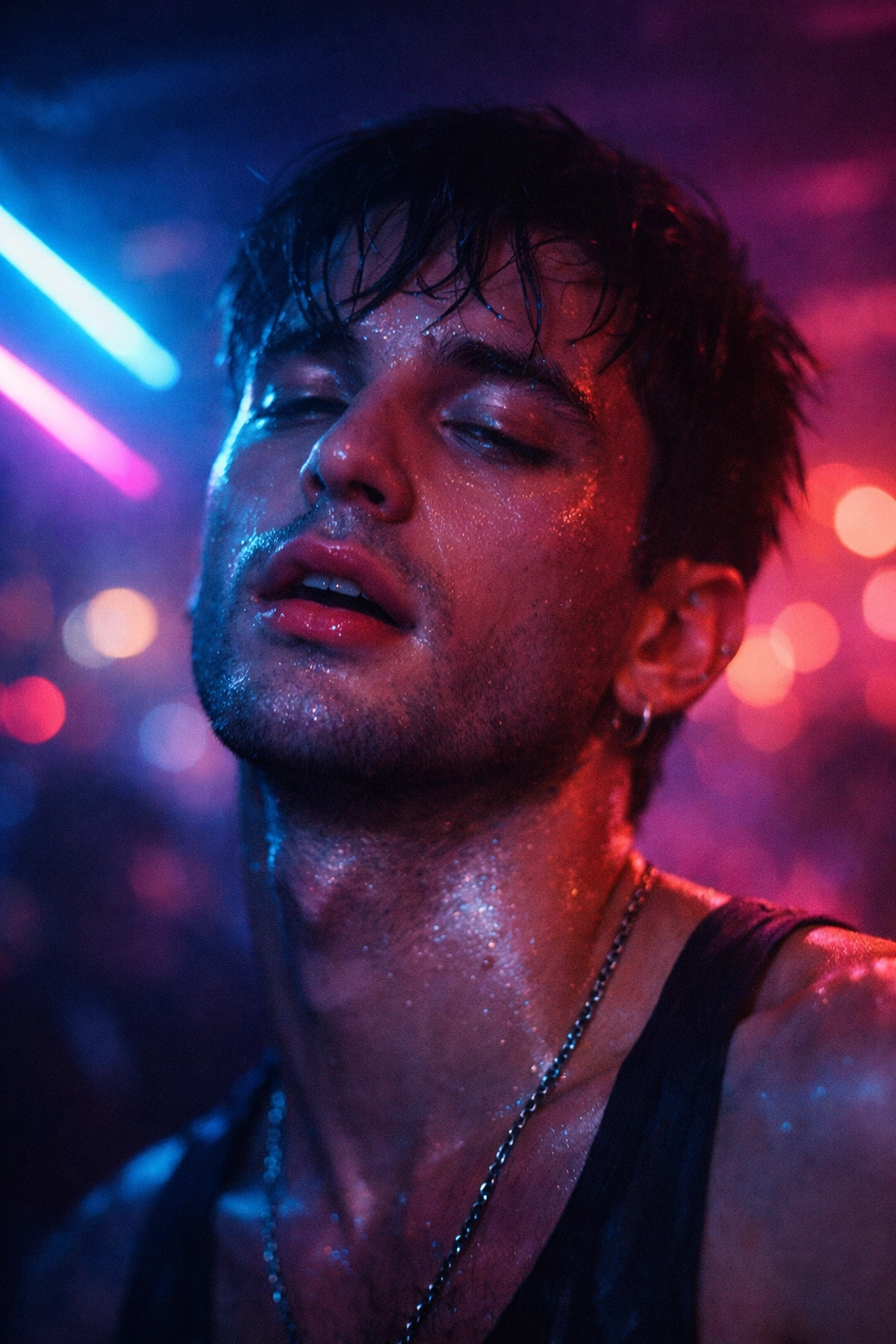 Gay man in a neon-lit club experiencing the euphoric intensity of the high of the crowd.