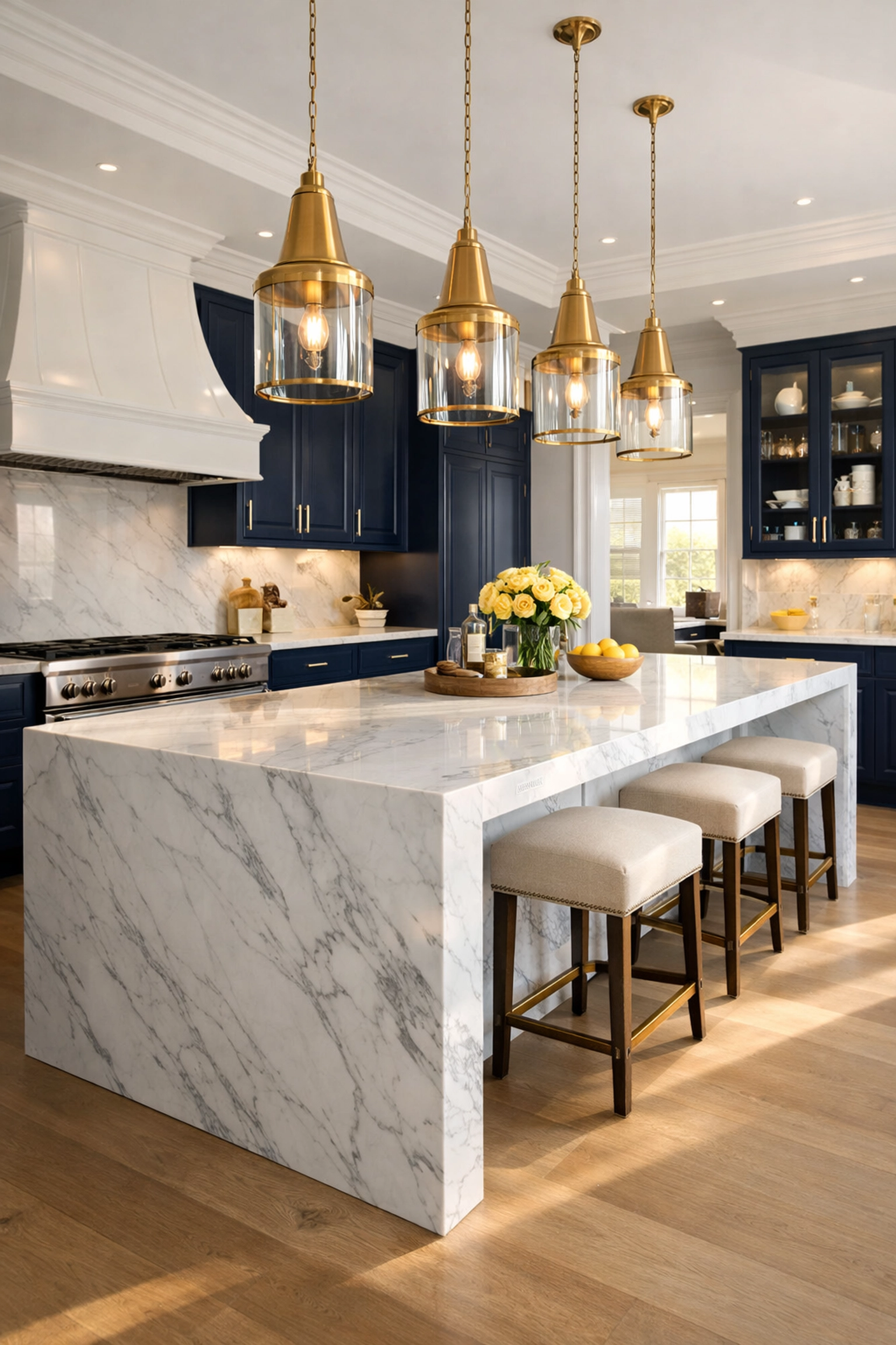 Pristine luxury kitchen in Natick MA with marble islands after professional house cleaning.