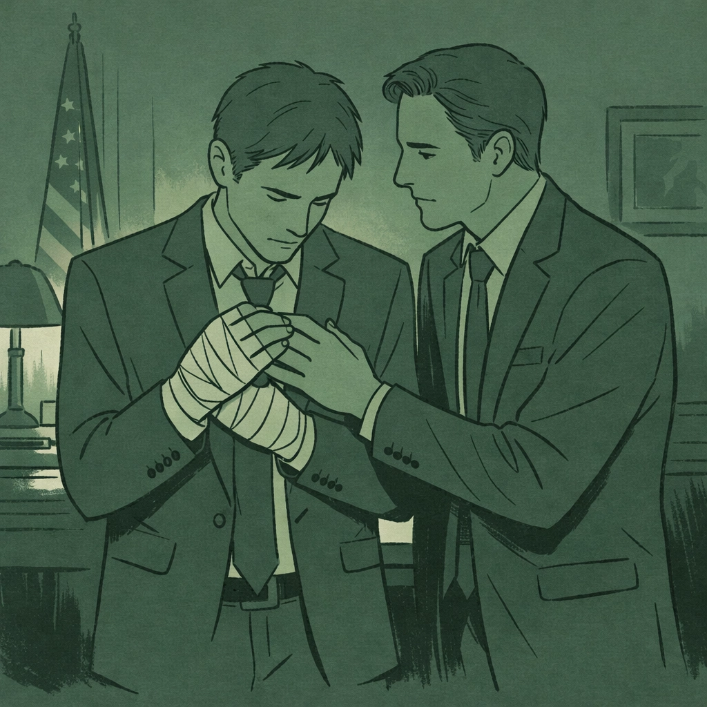 Chief of Staff with bandaged hands in political office MM romance scene