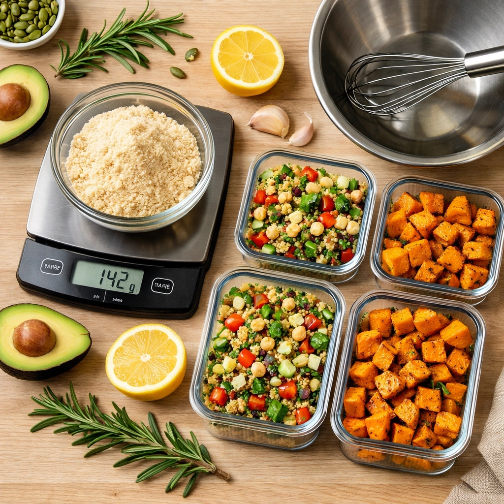 Gluten-free meal prep with a digital kitchen scale, almond flour, and stainless steel mixing bowls.