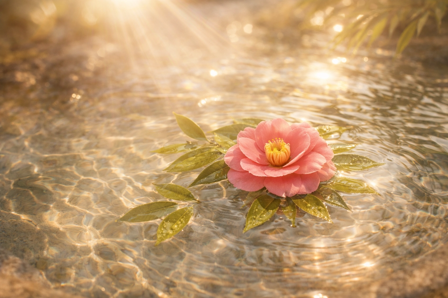 Camellia flower and tea leaves in clear water representing non-toxic ingredients and the clean beauty standard.