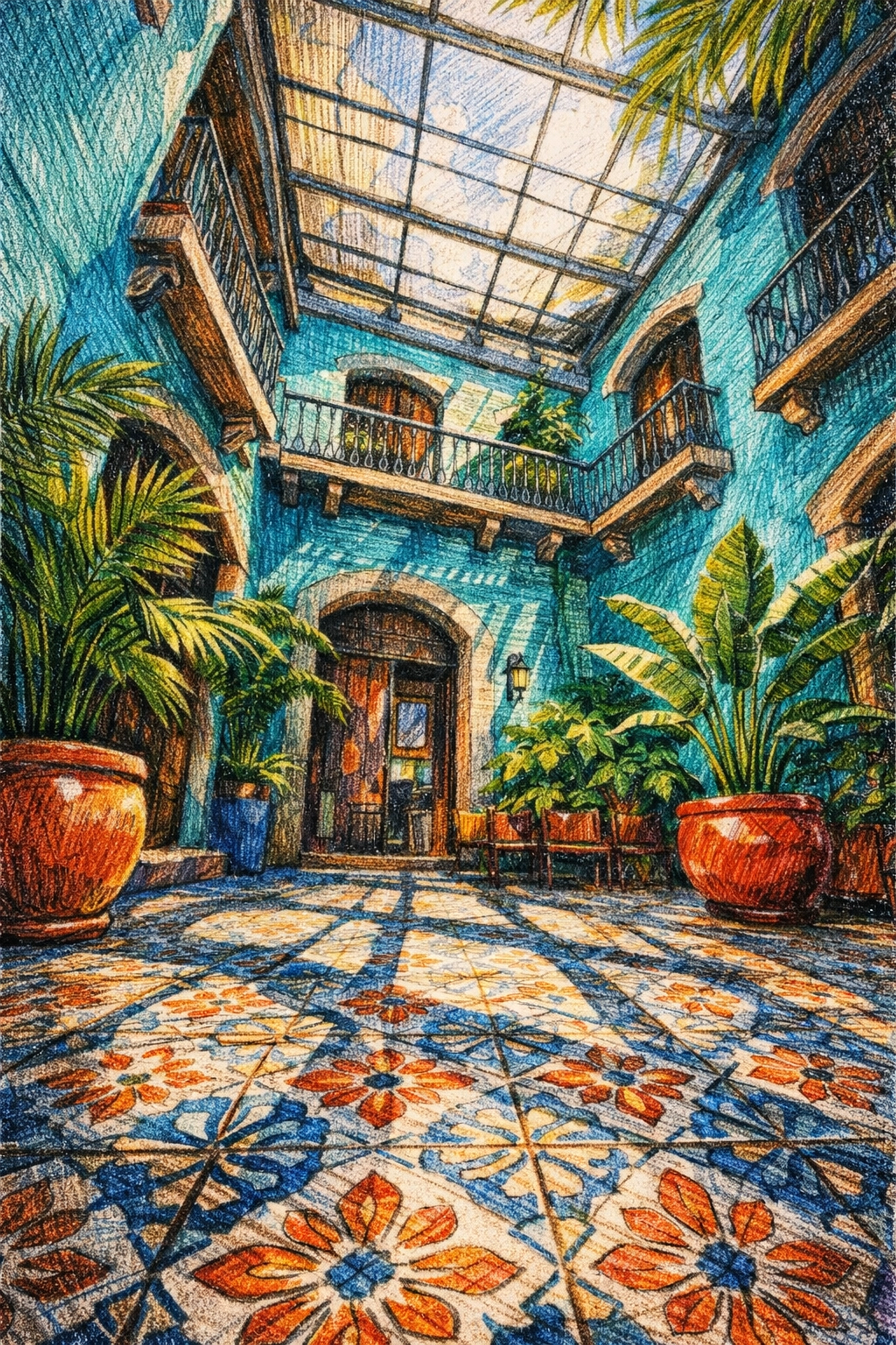 Boutique hotel interior design featuring a turquoise courtyard and tropical plants at Hotel Condesa.