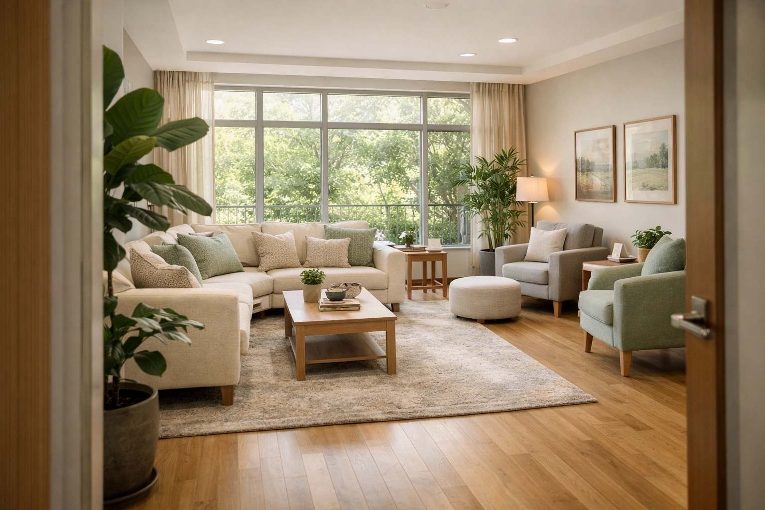 Natural light-filled treatment facility common area designed for patient healing and recovery