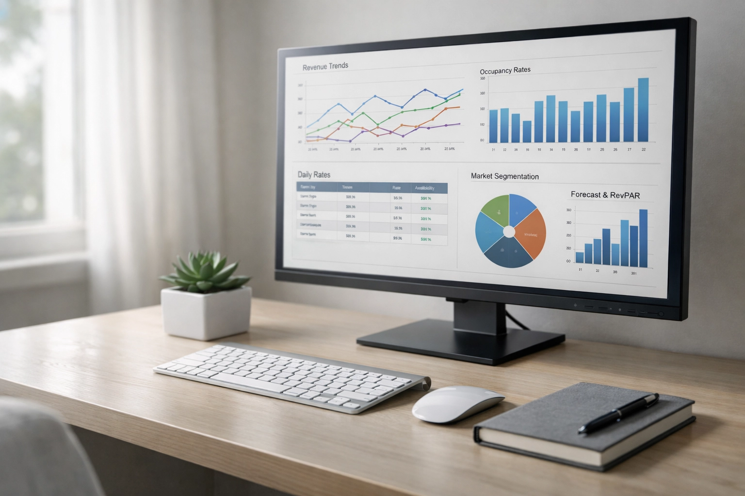 Hotel revenue manager workspace with analytics dashboard and pricing charts on monitor