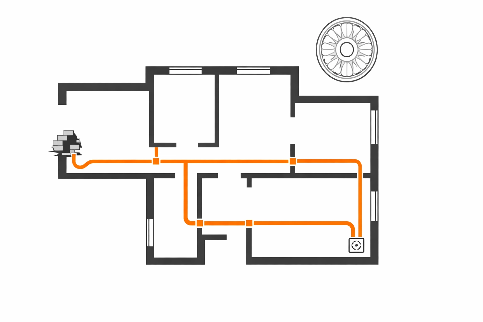 Illustration: Schonende Leitungsführung im Altbau – schematischer Leitungsverlauf, Stuck-Symbol, minimaler Eingriff (Elektro-Zentrum CI, Akzent-Orange)