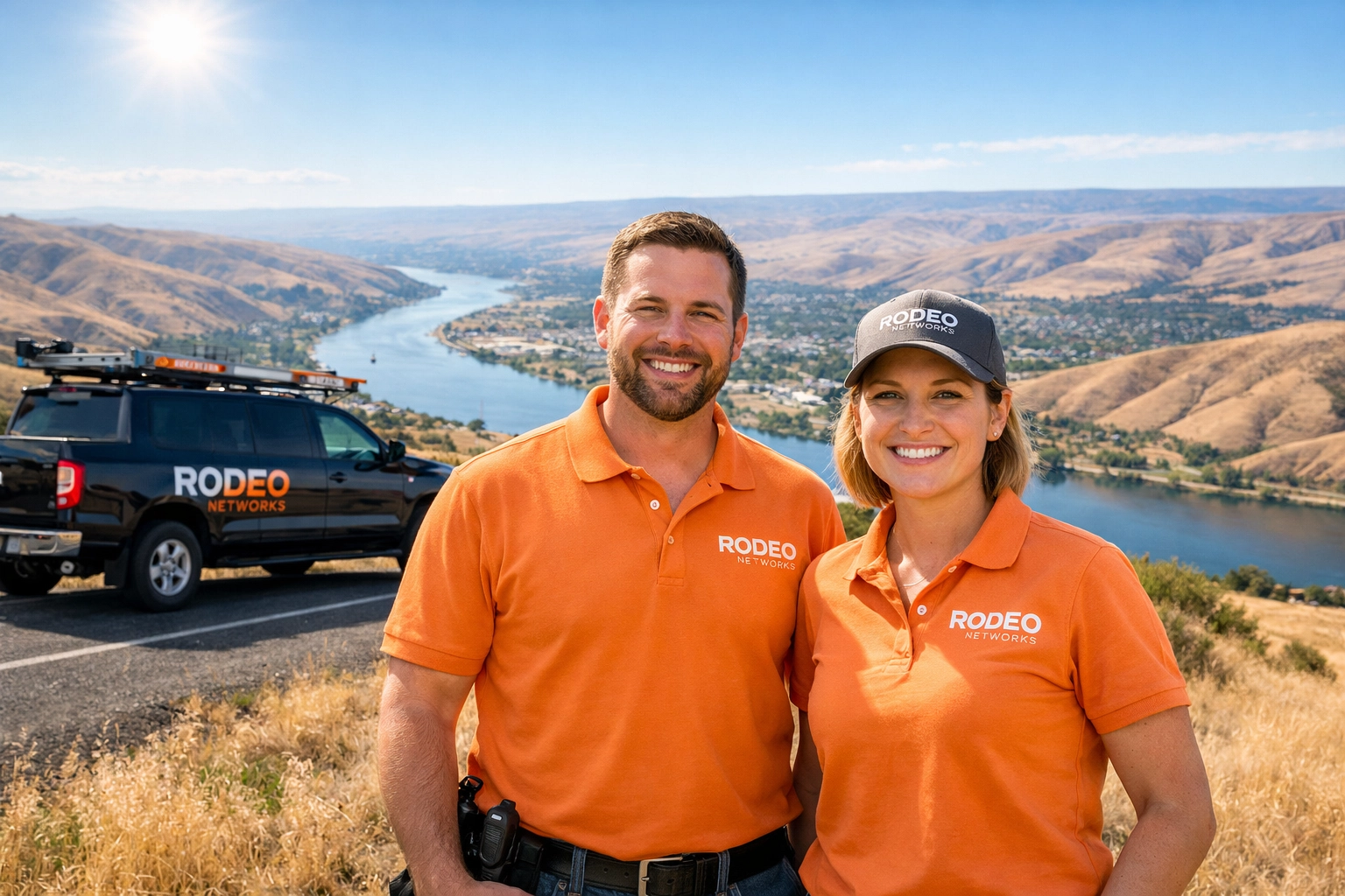 Local Rodeo Networks internet technicians overlooking the Lewiston-Clarkston Valley in Idaho.