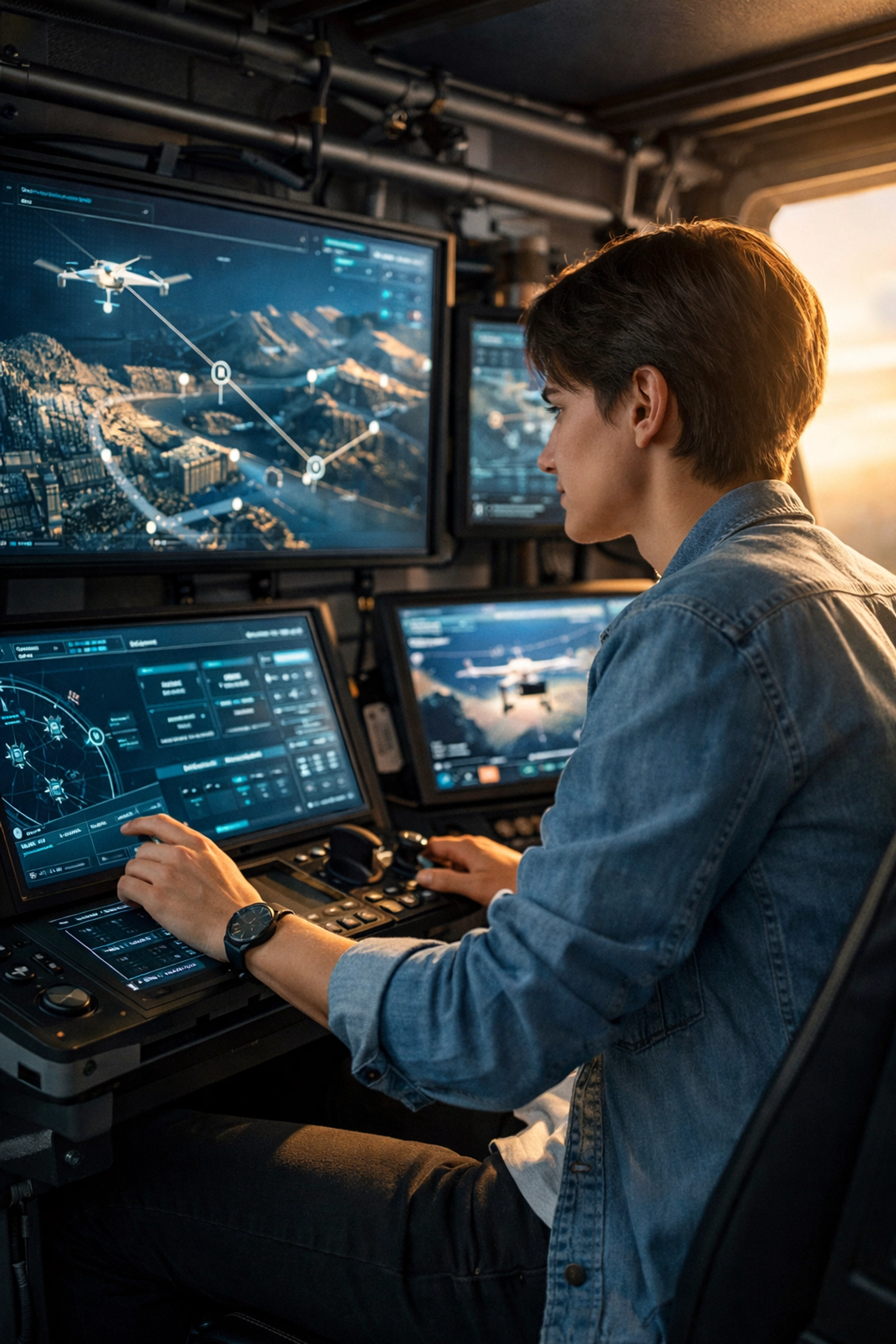 Professional using a high-tech modular unit for logistics and autonomous drone flight path management.