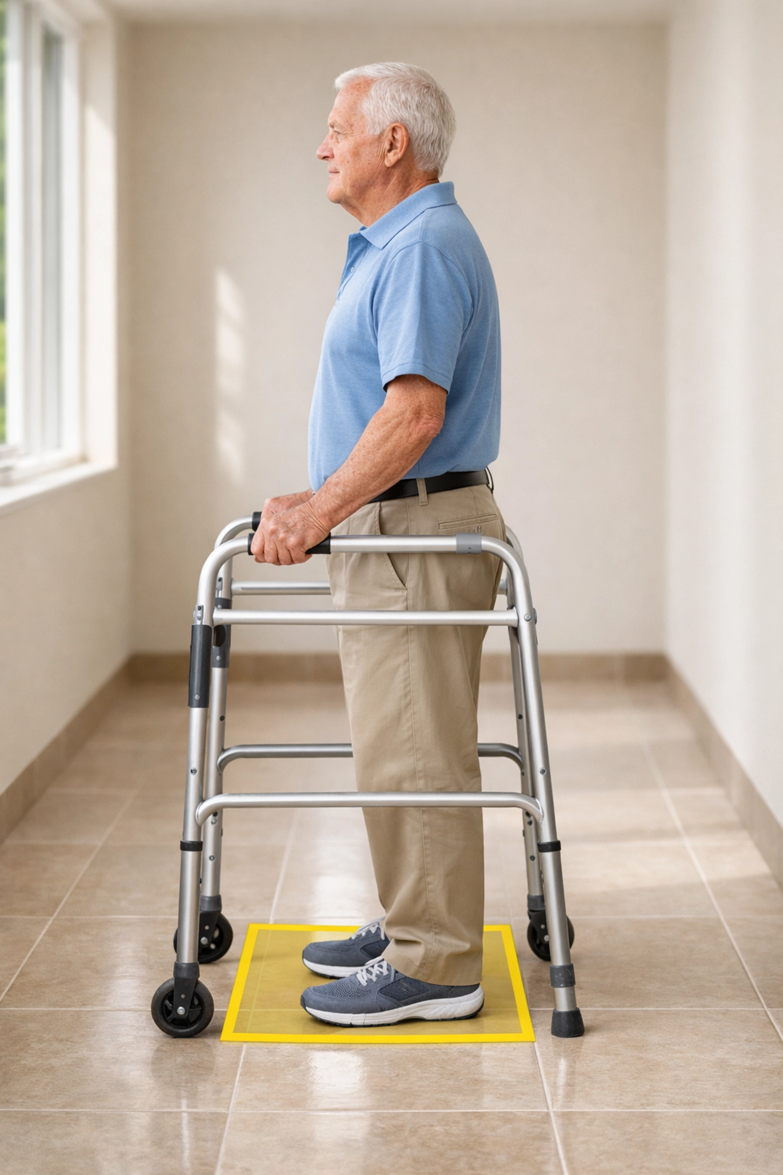 Proper walker posture showing correct positioning inside walker frame