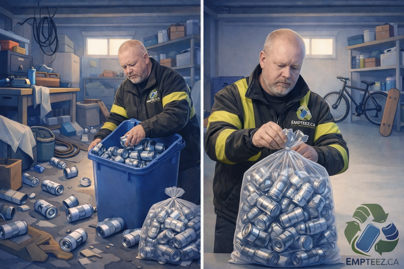 Split-screen: a messy garage with loose cans vs a clean garage with one neat clear bag of aluminum cans