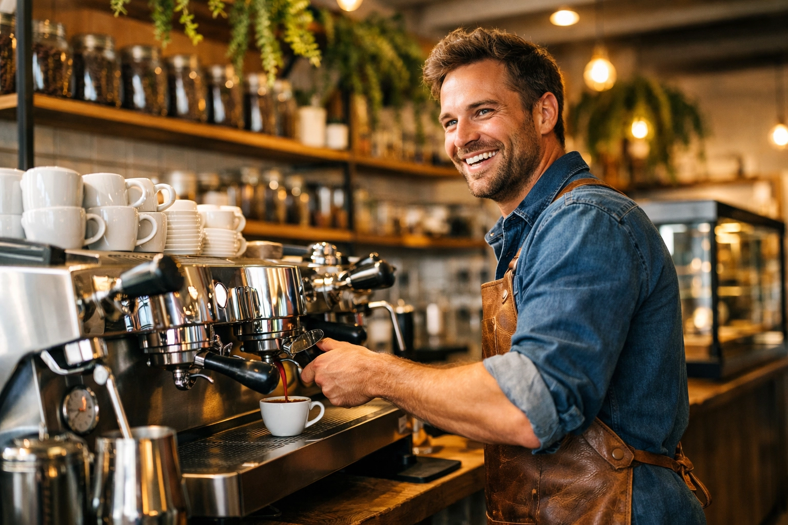 Professional barista smiling behind an espresso machine, creating a high-quality coffee shop customer experience.
