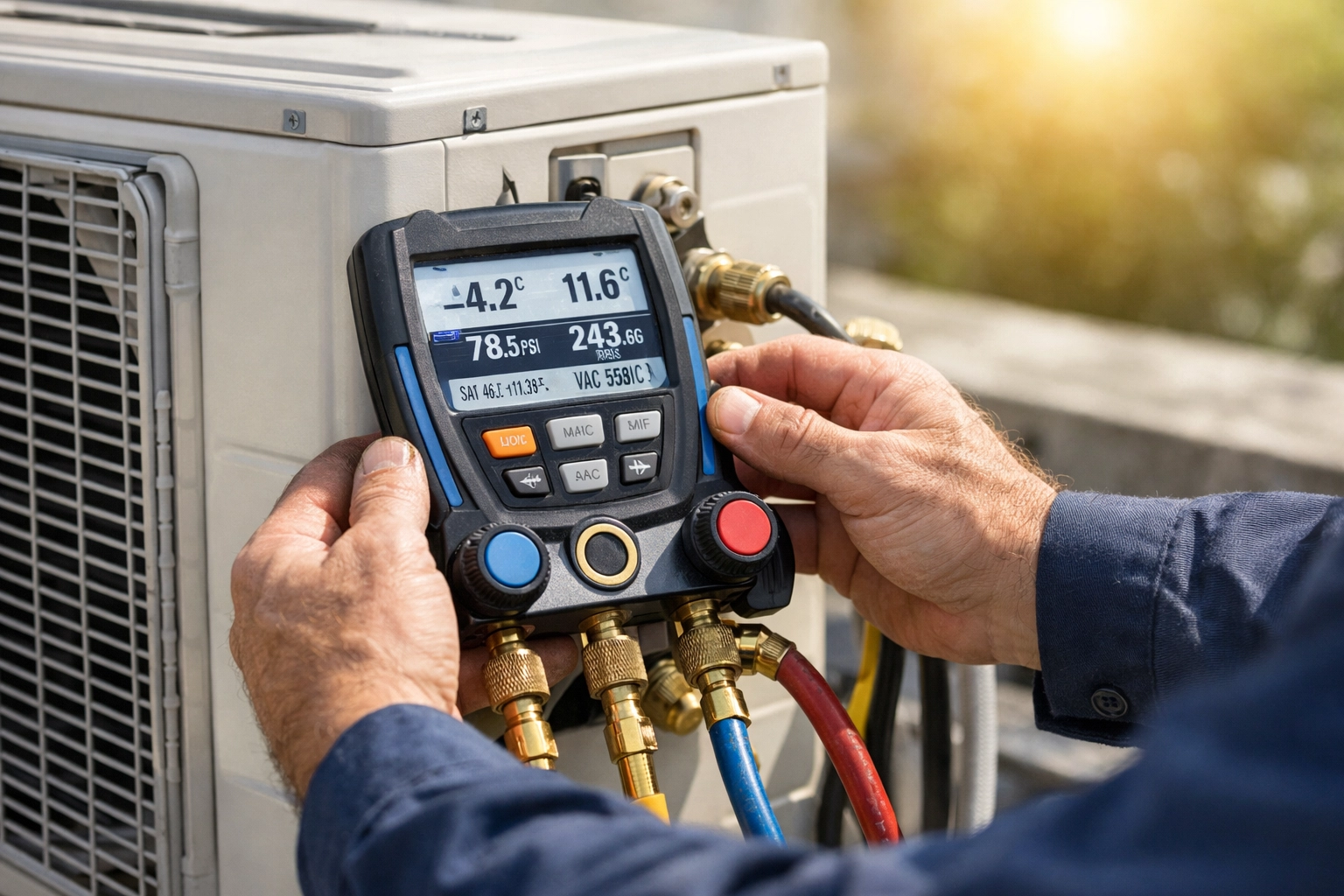 HVAC technician checking refrigerant levels during AC repair service