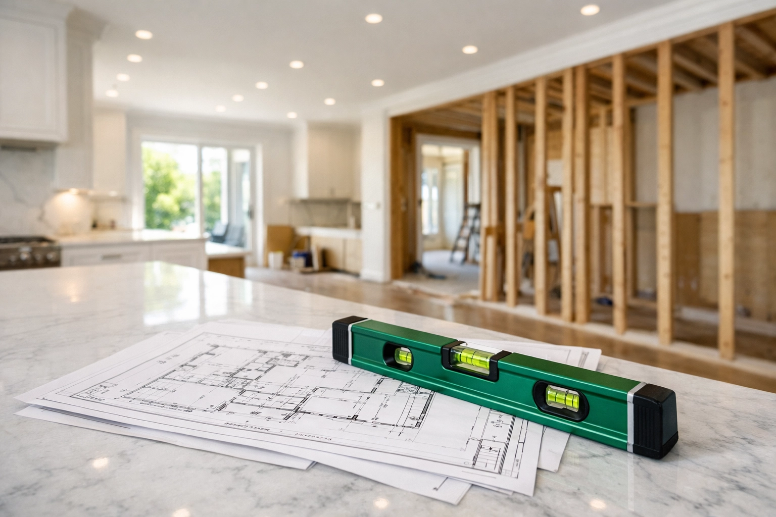 Interior renovation project showing blueprints and tools on a marble island for a hard money loan deal.