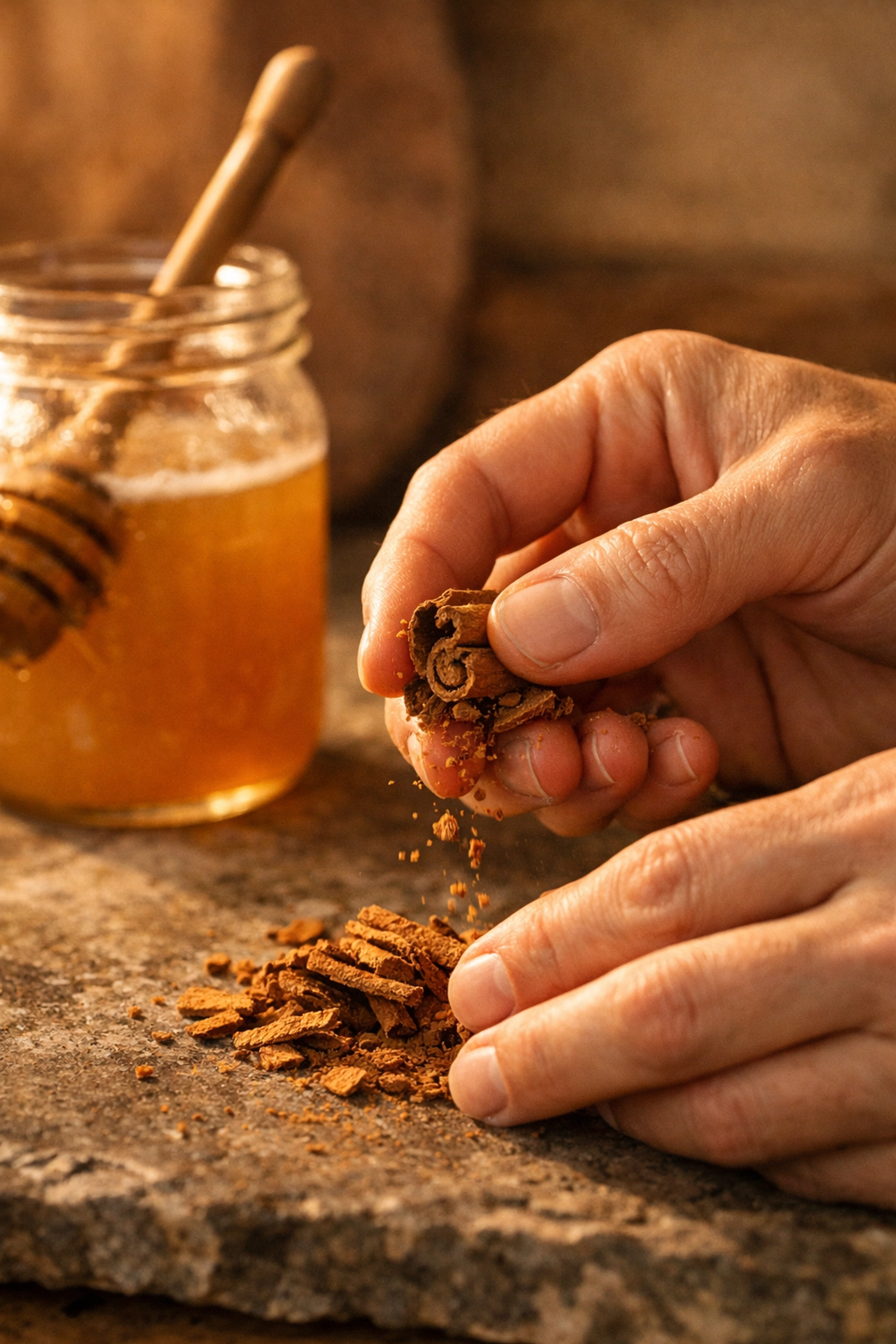 Testing the quality of authentic Ceylon cinnamon and raw forest honey for farm-fresh purity.