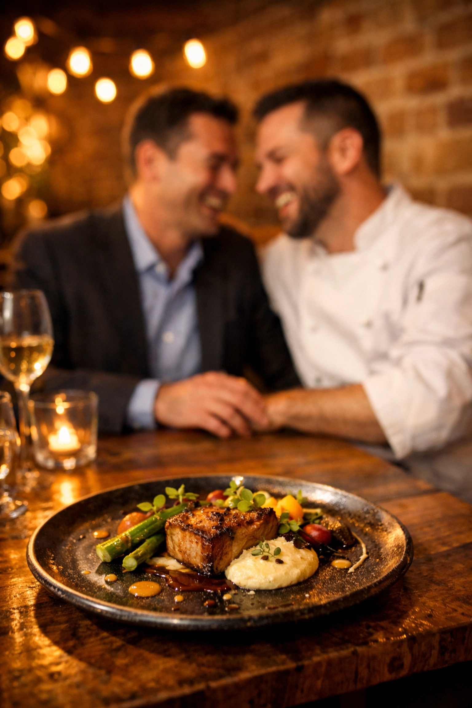 Gay couple laughing together in cozy Dallas restaurant with chef and businessman