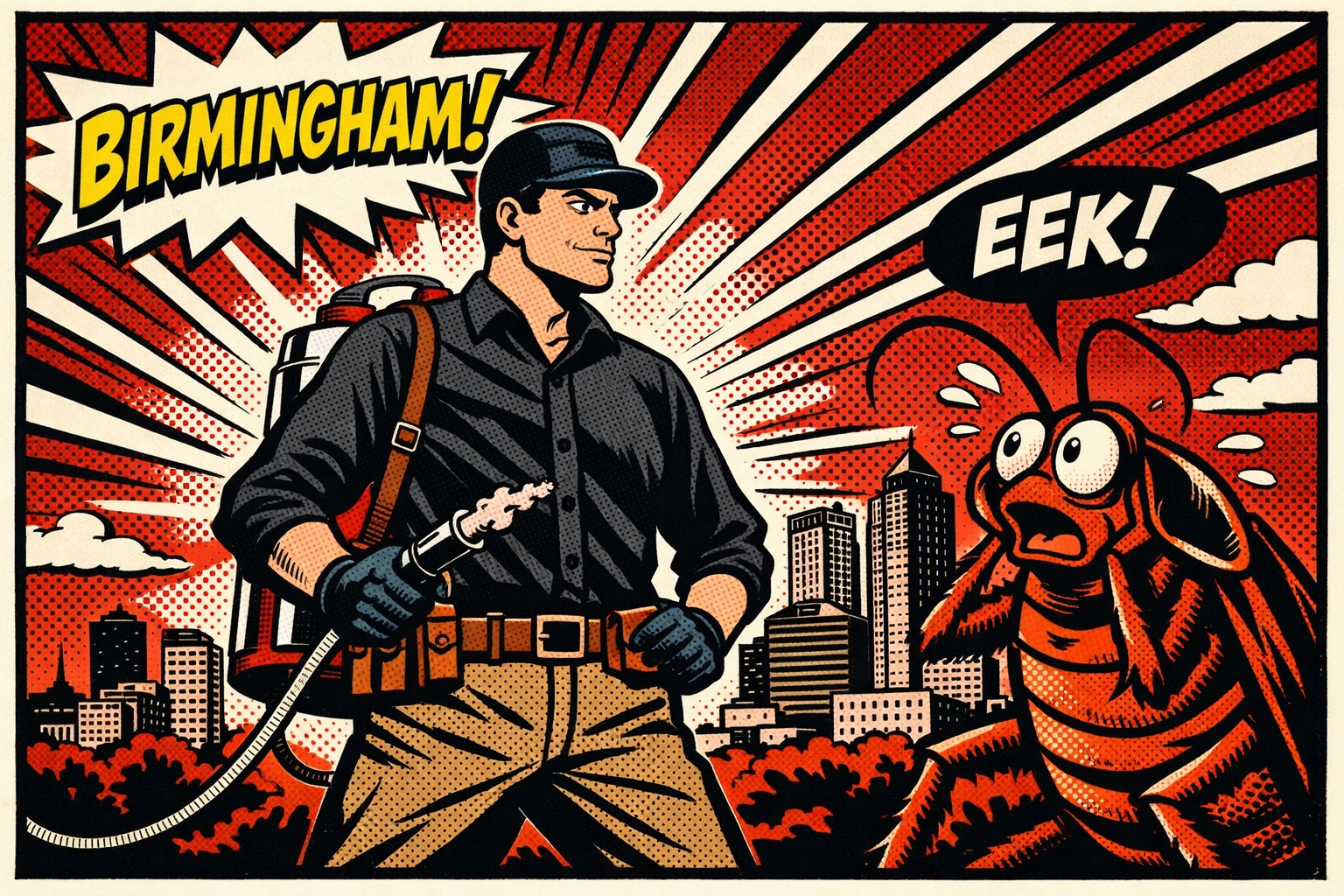 Birmingham pest control technician vs cockroach, showing local expertise in Gardendale AL