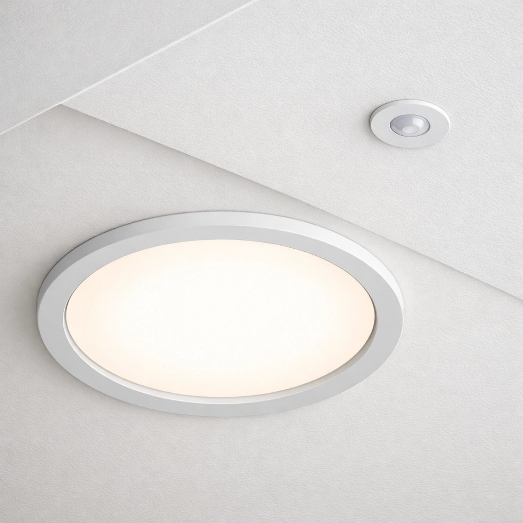 Sleek architectural smart lighting fixture and sensor integrated into a modern commercial ceiling.