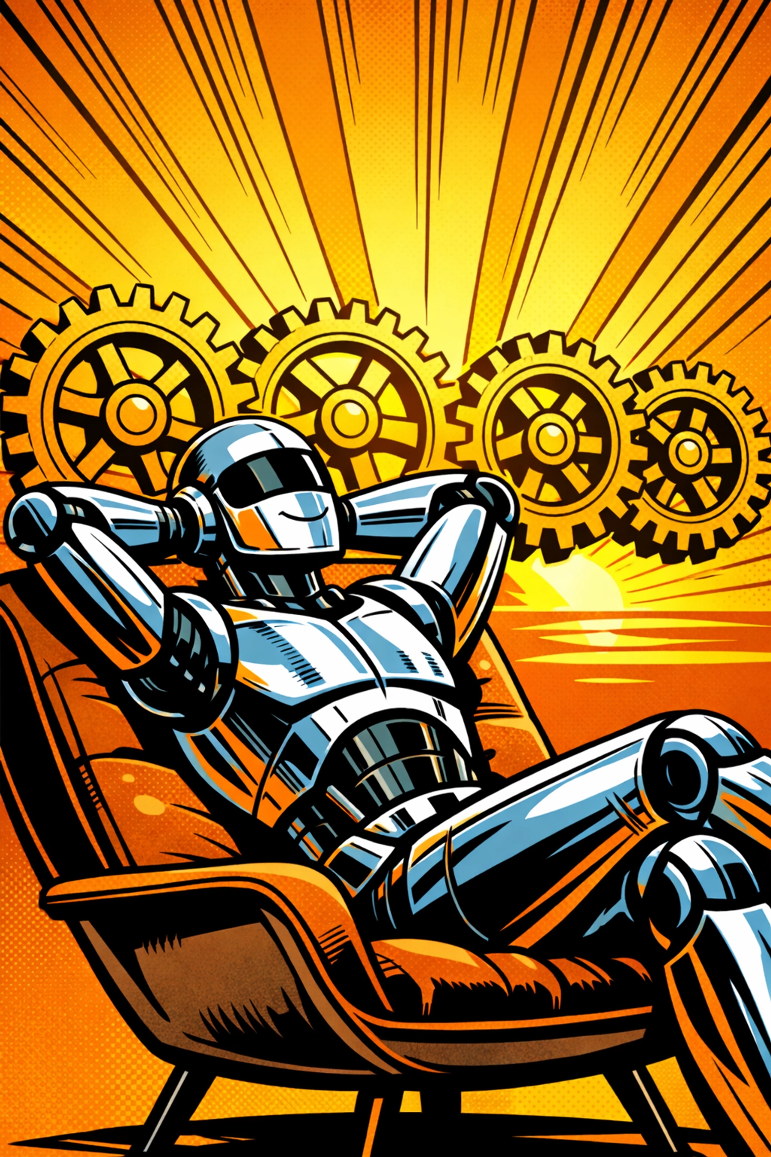 A relaxed robot with smooth gears, representing peace of mind through effective ai business automation.