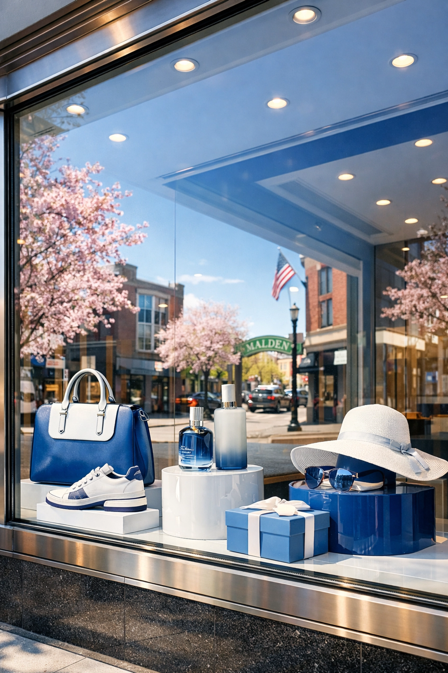 Streak-free storefront maintenance and clean glass windows for a Malden retail shop in spring.