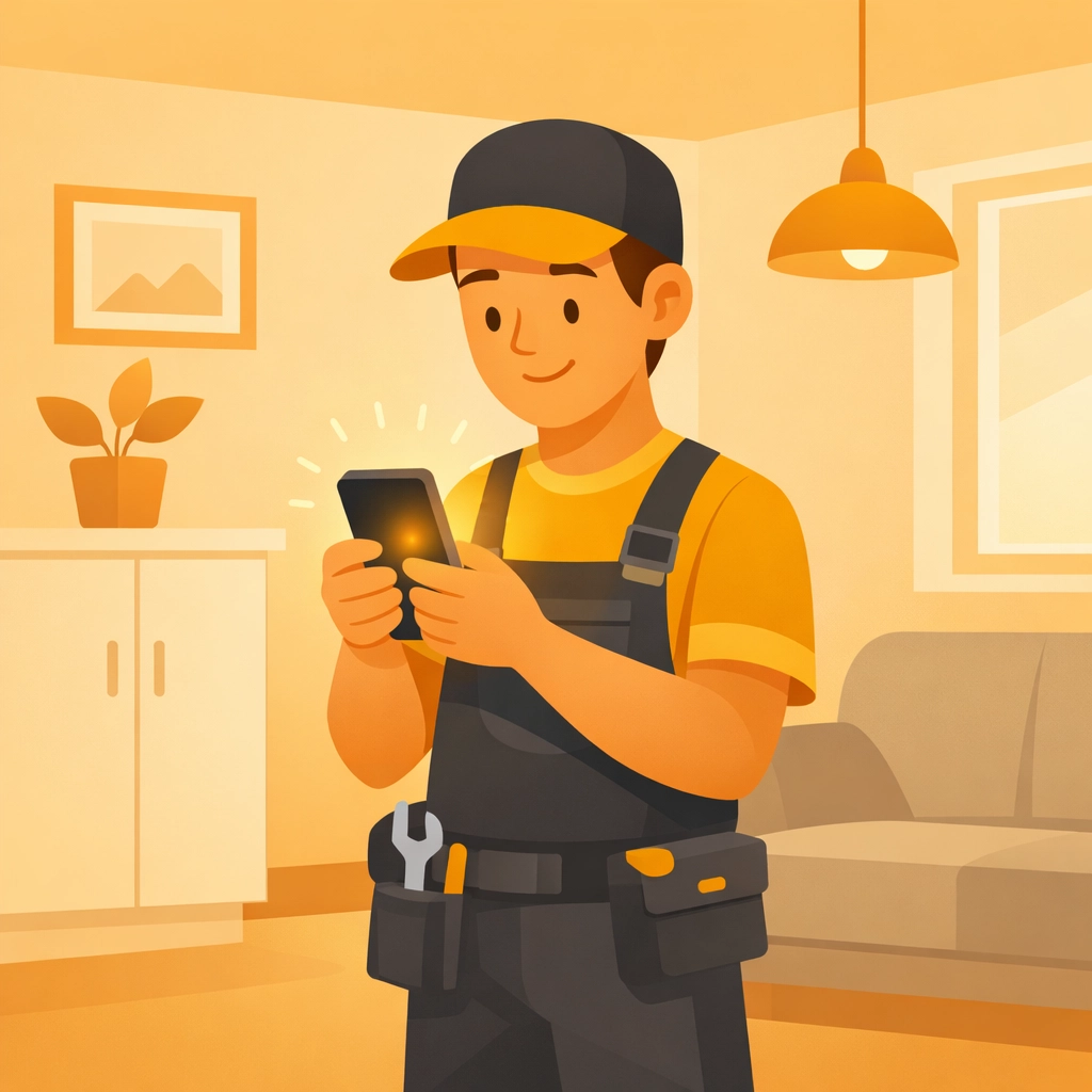 Service technician using a photo app to send a completed project timeline and job report to a customer.