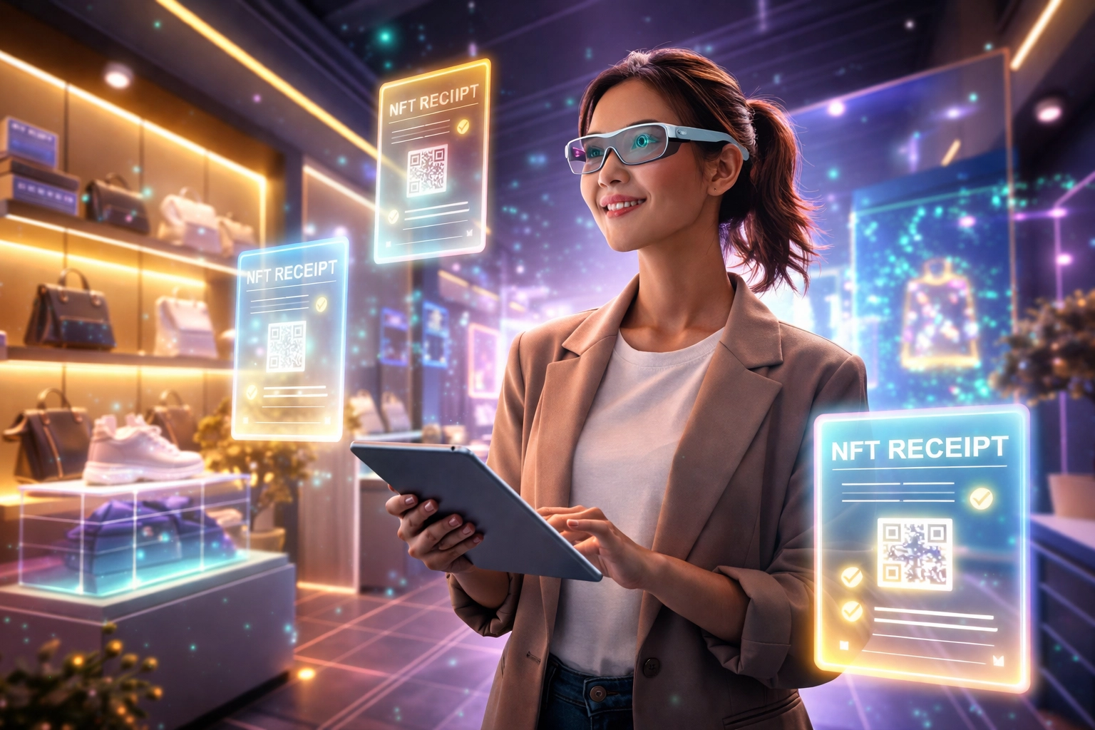A small business owner uses AR glasses in a futuristic metaverse store with NFT receipts and crypto payments.