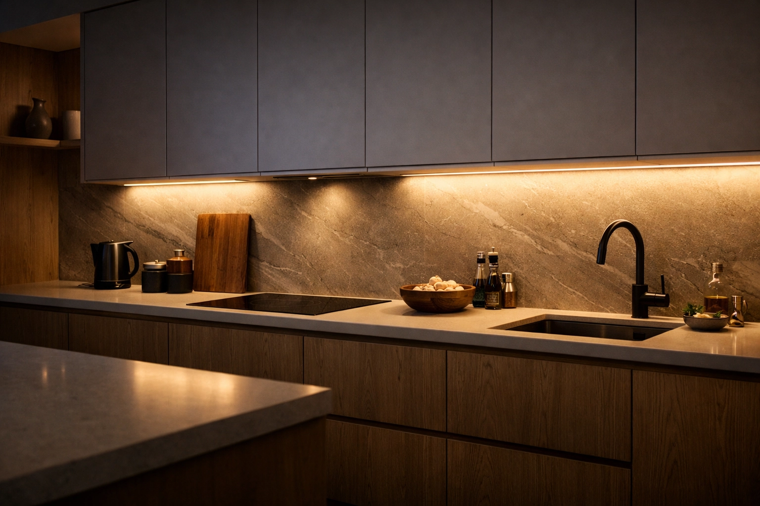 Contemporary kitchen render with warm under-cabinet LED strip lighting highlighting the worktop and textures.