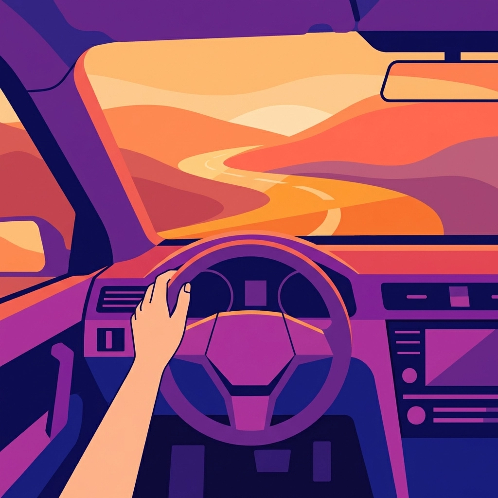 Flat illustration of a person gently steering a car on a winding road, symbolizing gradual resets in life.