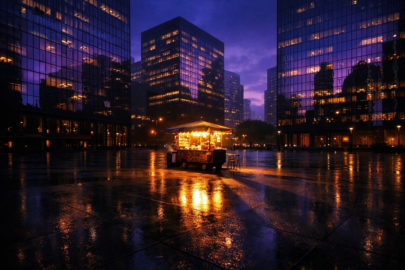 Empty city plaza at dusk with food cart showing after-hours urban atmosphere for travel photography