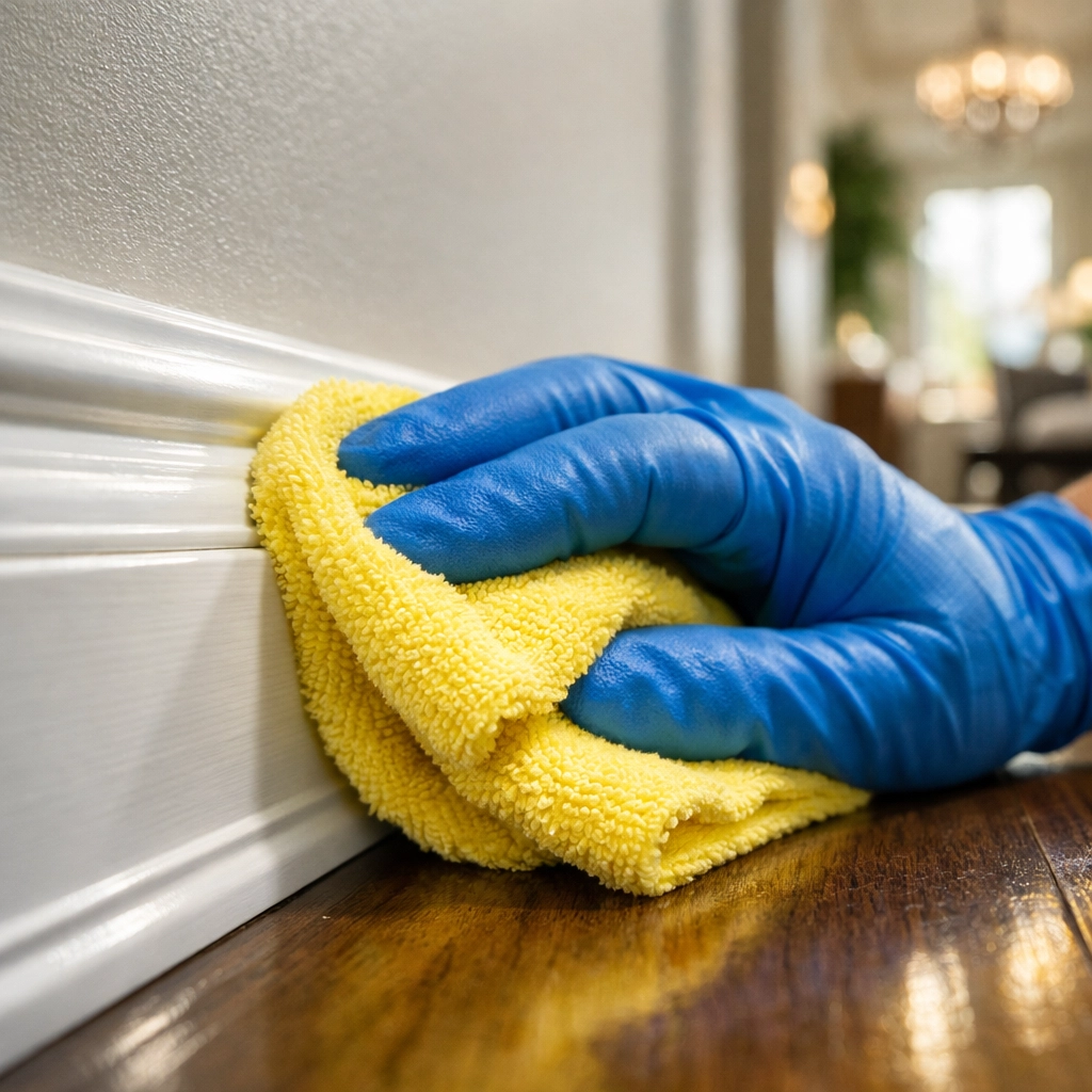 A professional cleaner wiping dust-free baseboards for a high-end house showing deep clean.
