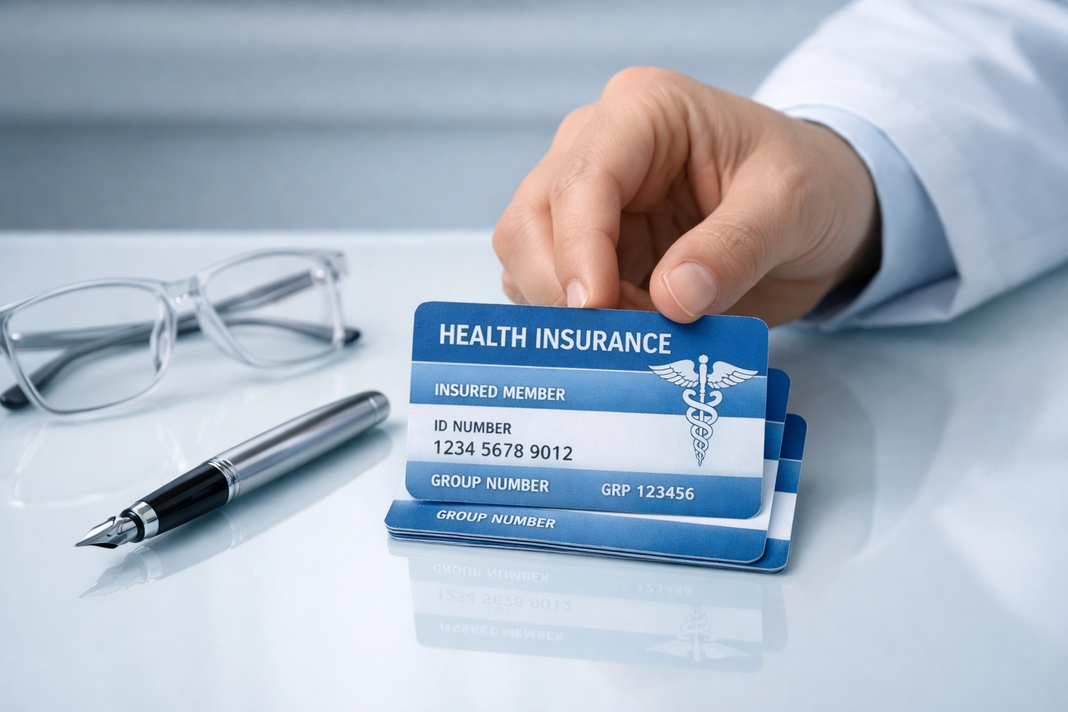 Healthcare professional organizing insurance cards for secondary coverage and coordination of benefits.