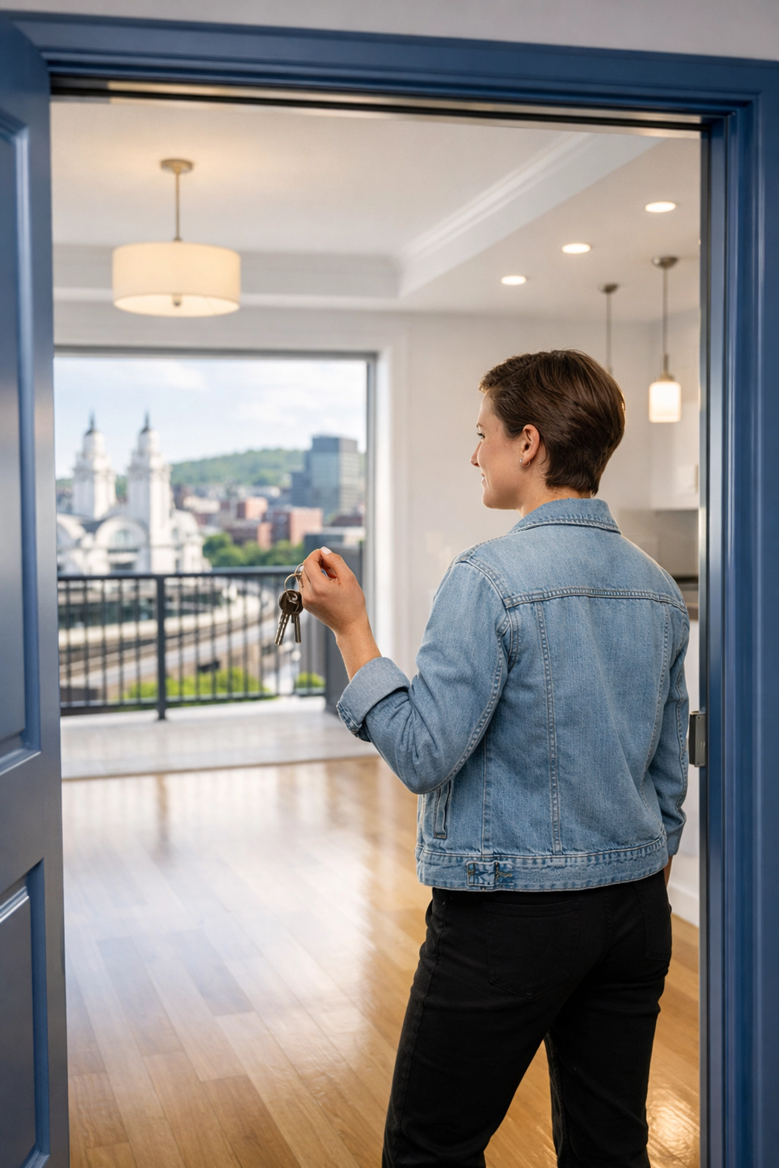 A happy resident finishing a move-out cleaning Worcester near Union Station with keys in hand.