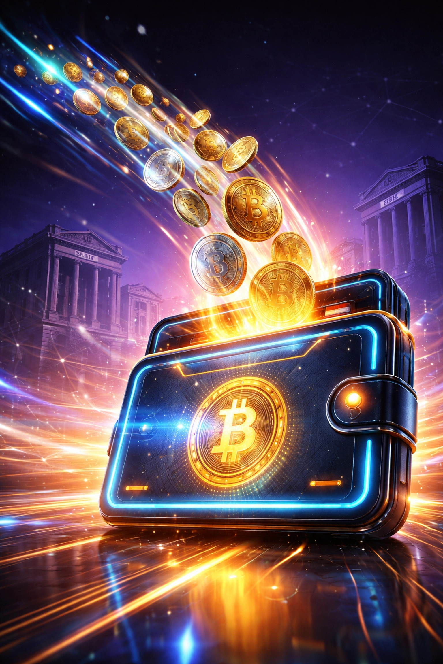 Digital currency coins quickly flowing into a wallet symbolize instant settlements with self-custodial Web3 payments.