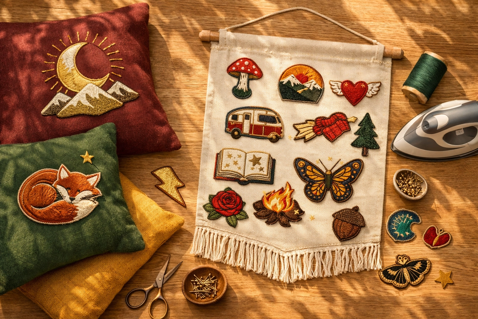 Custom patches embroidery on throw pillows and wall art for home décor